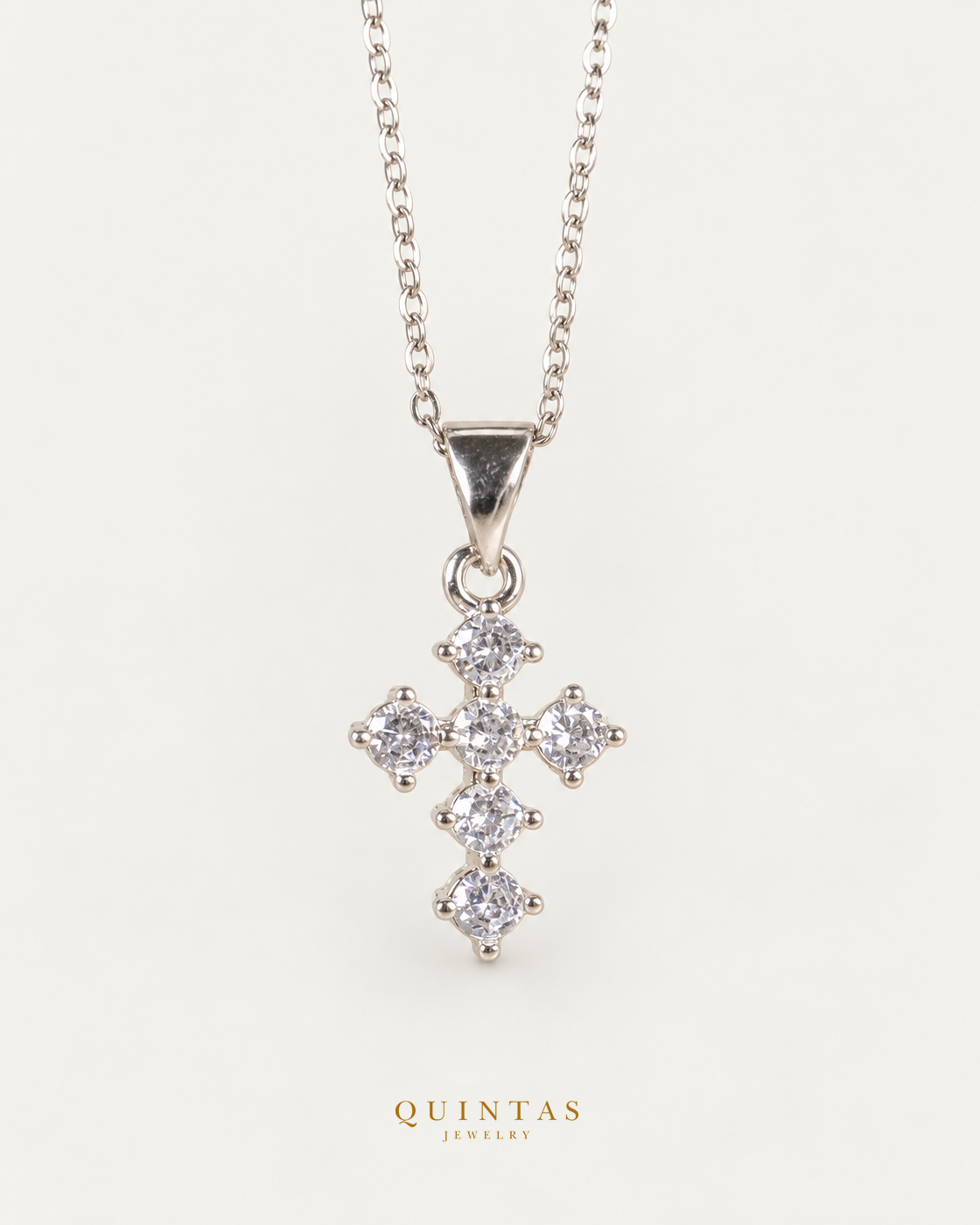 Mini Iced Cross Silver Necklace, existing silver cable view, canonical Quintas logo