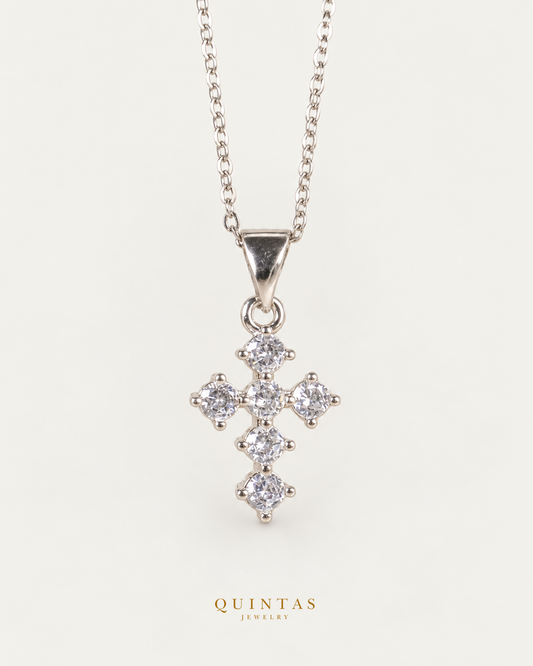 Mini Iced Cross Silver Necklace, existing silver cable view, canonical Quintas logo