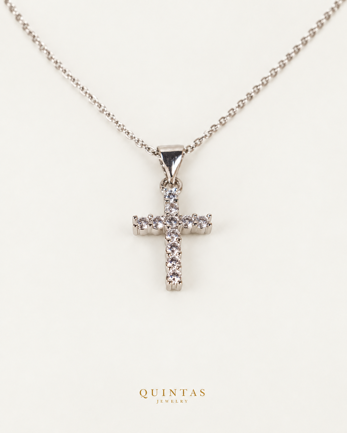 Sanctum Cross Silver Necklace, existing silver cable view, canonical Quintas logo