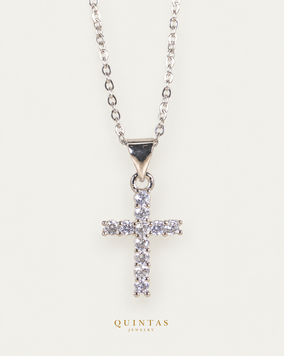 Sanctum Cross Silver Necklace, existing silver cable view, canonical Quintas logo