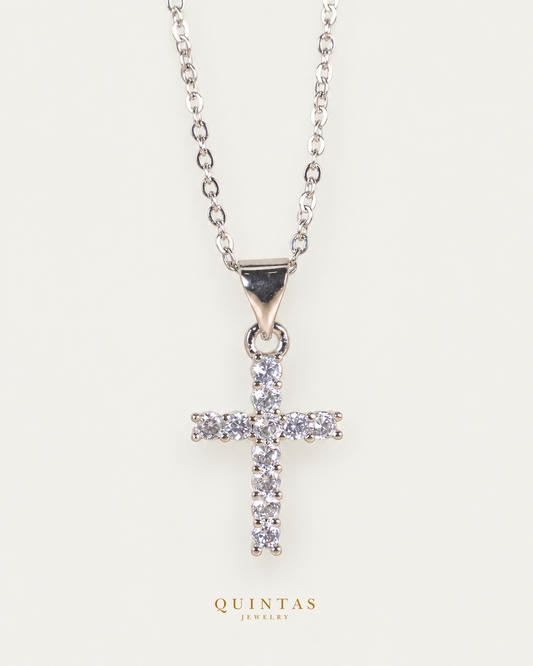 Sanctum Cross Silver Necklace, existing silver cable view, canonical Quintas logo