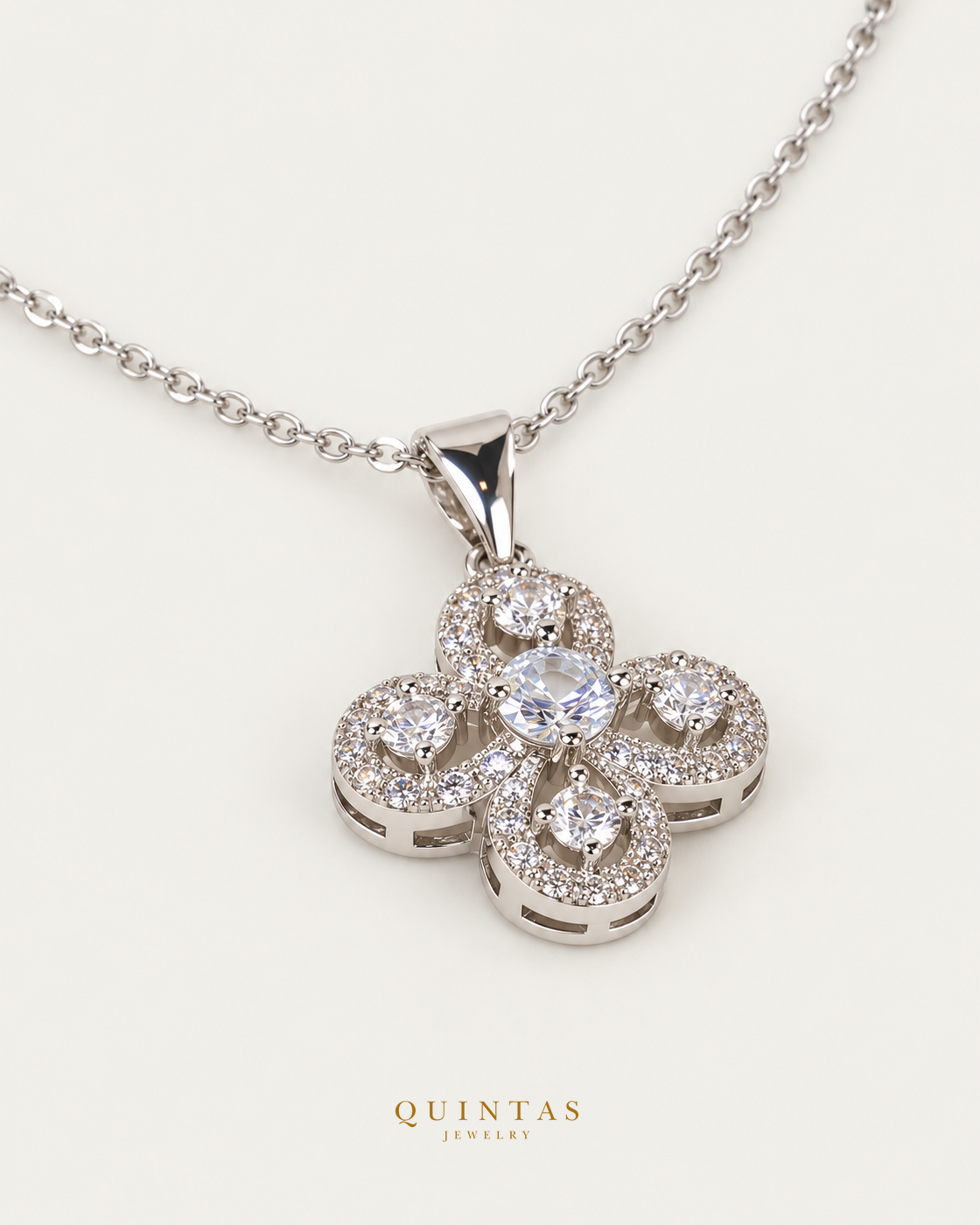 Seraphina Clover Silver Necklace, existing silver cable view, canonical Quintas logo