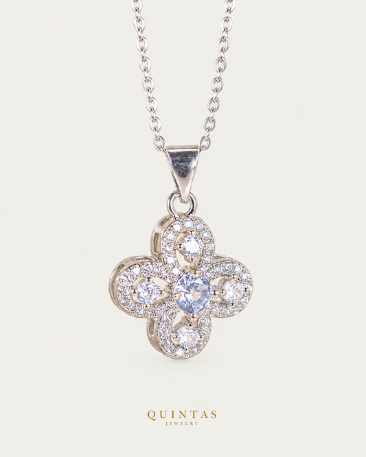 Seraphina Clover Silver Necklace, existing silver cable view, canonical Quintas logo