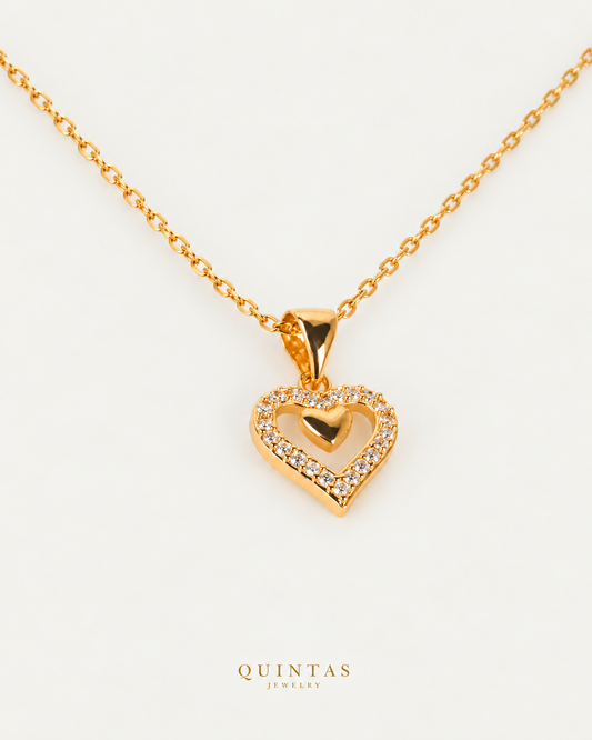 Golden Promise Heart Necklace companion with canonical Quintas Jewelry logo