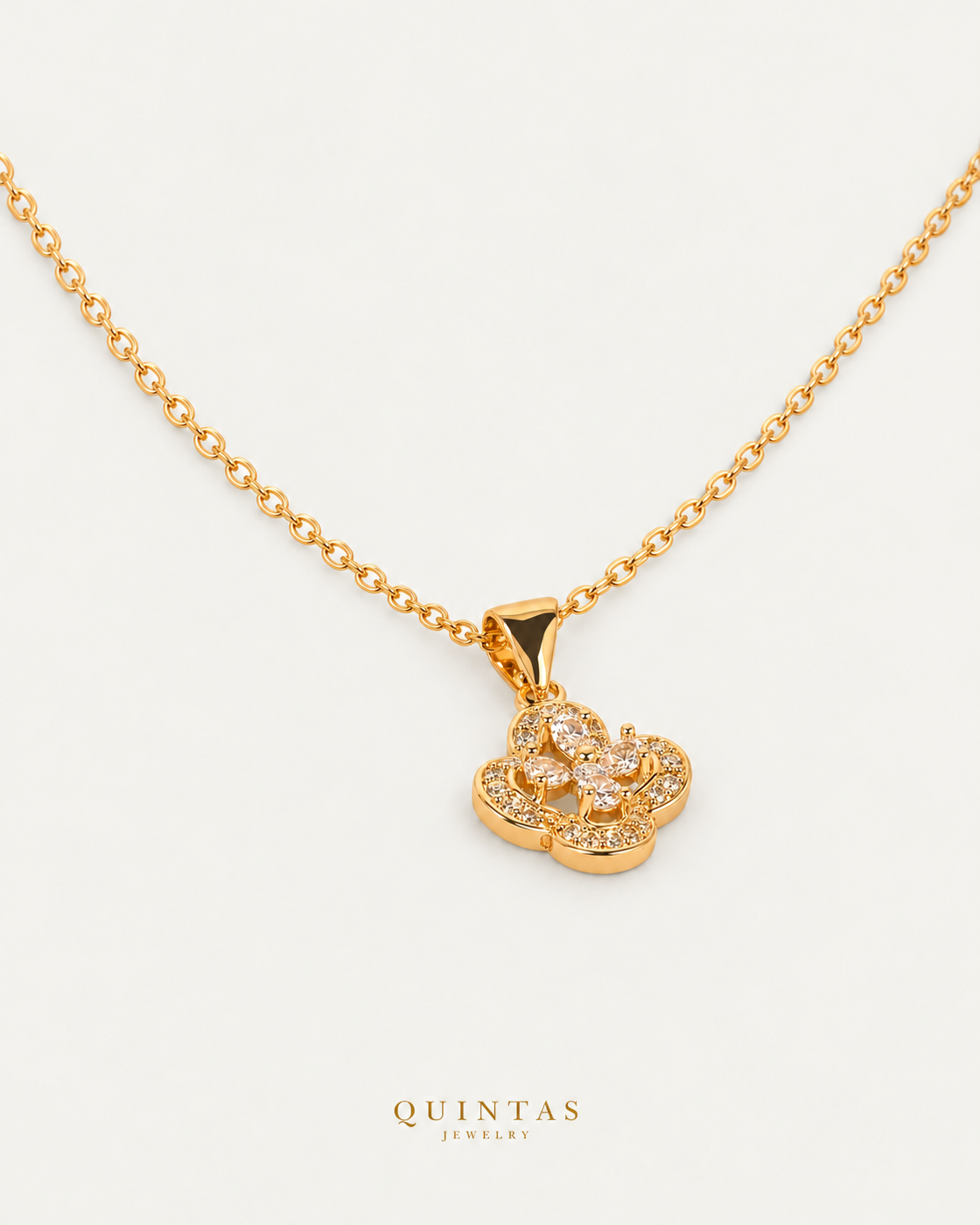 Aurea White Clover Necklace, gold cable chain, oblique view