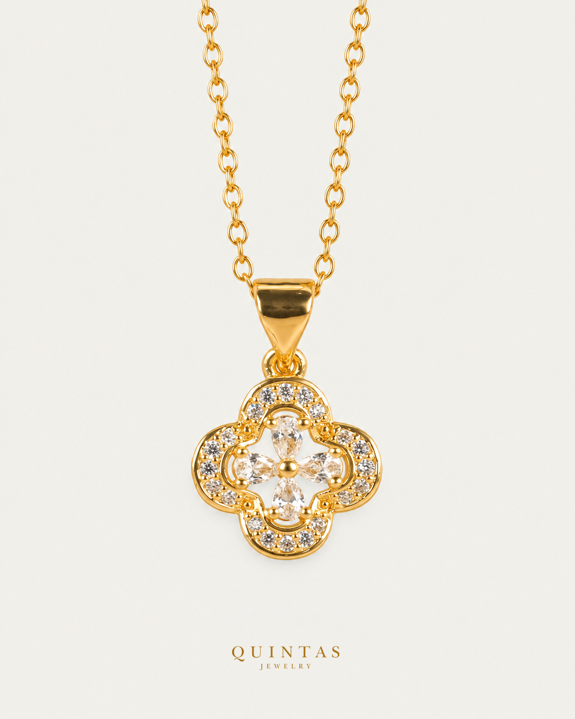 Aurea White Clover Necklace, gold cable chain, front view