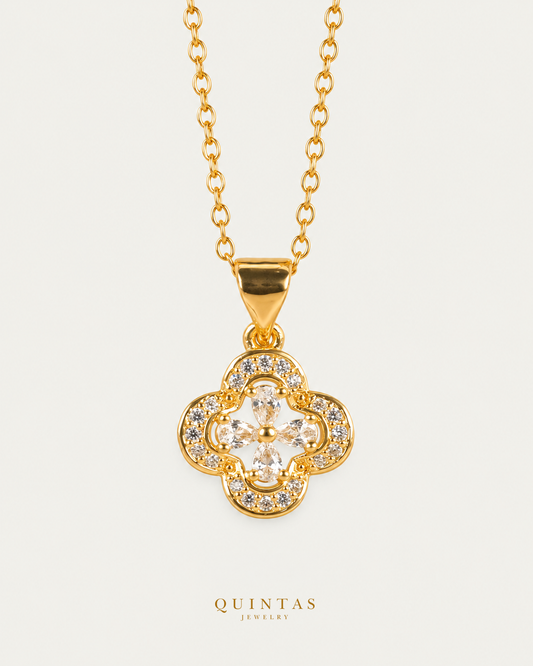 Aurea White Clover Necklace, gold cable chain, front view