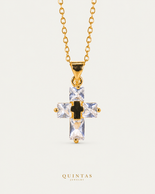 Luméa Crystal Cross Necklace gold cable chain main view, canonical Quintas logo