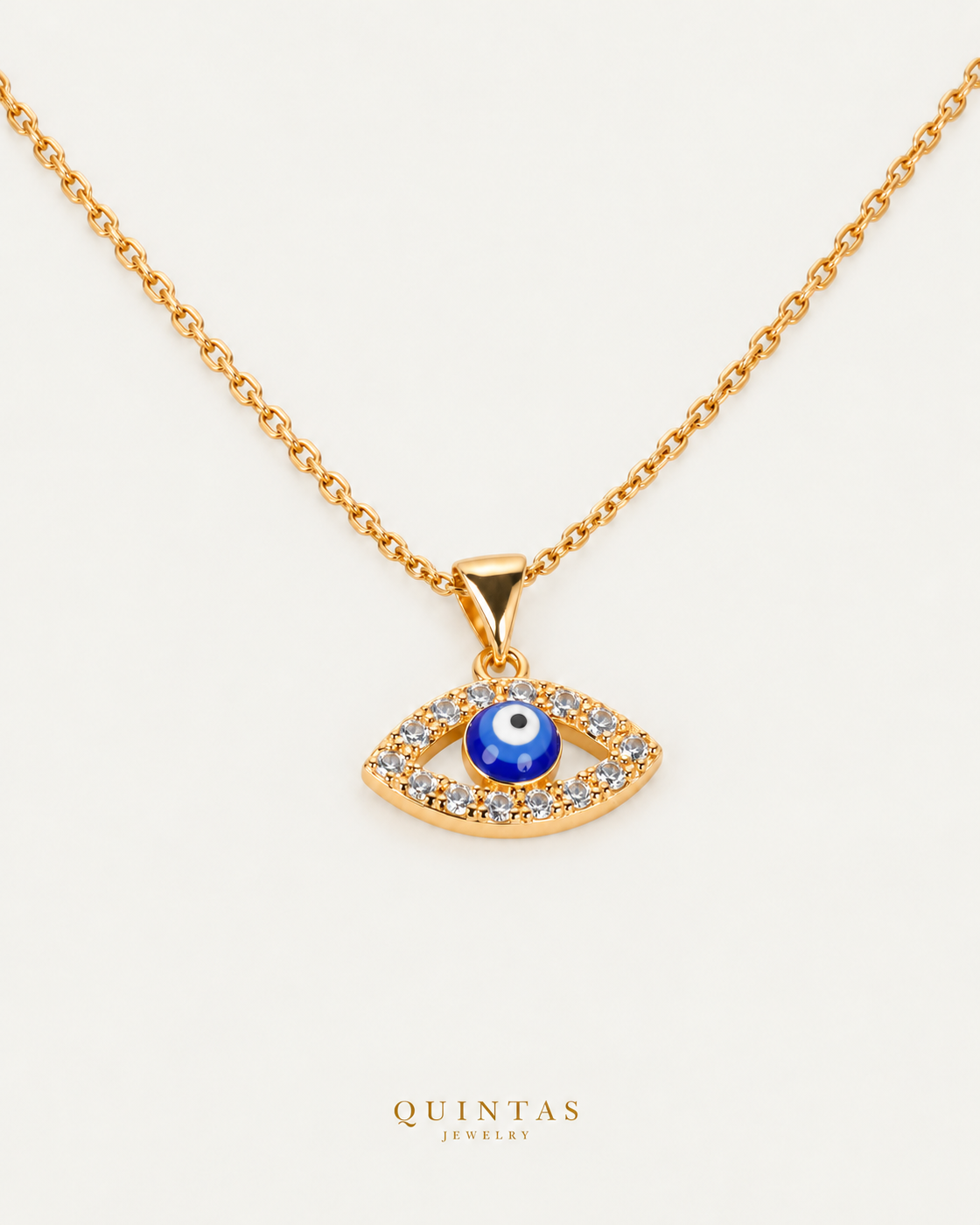 Azura Evil Eye Necklace companion with canonical Quintas Jewelry logo