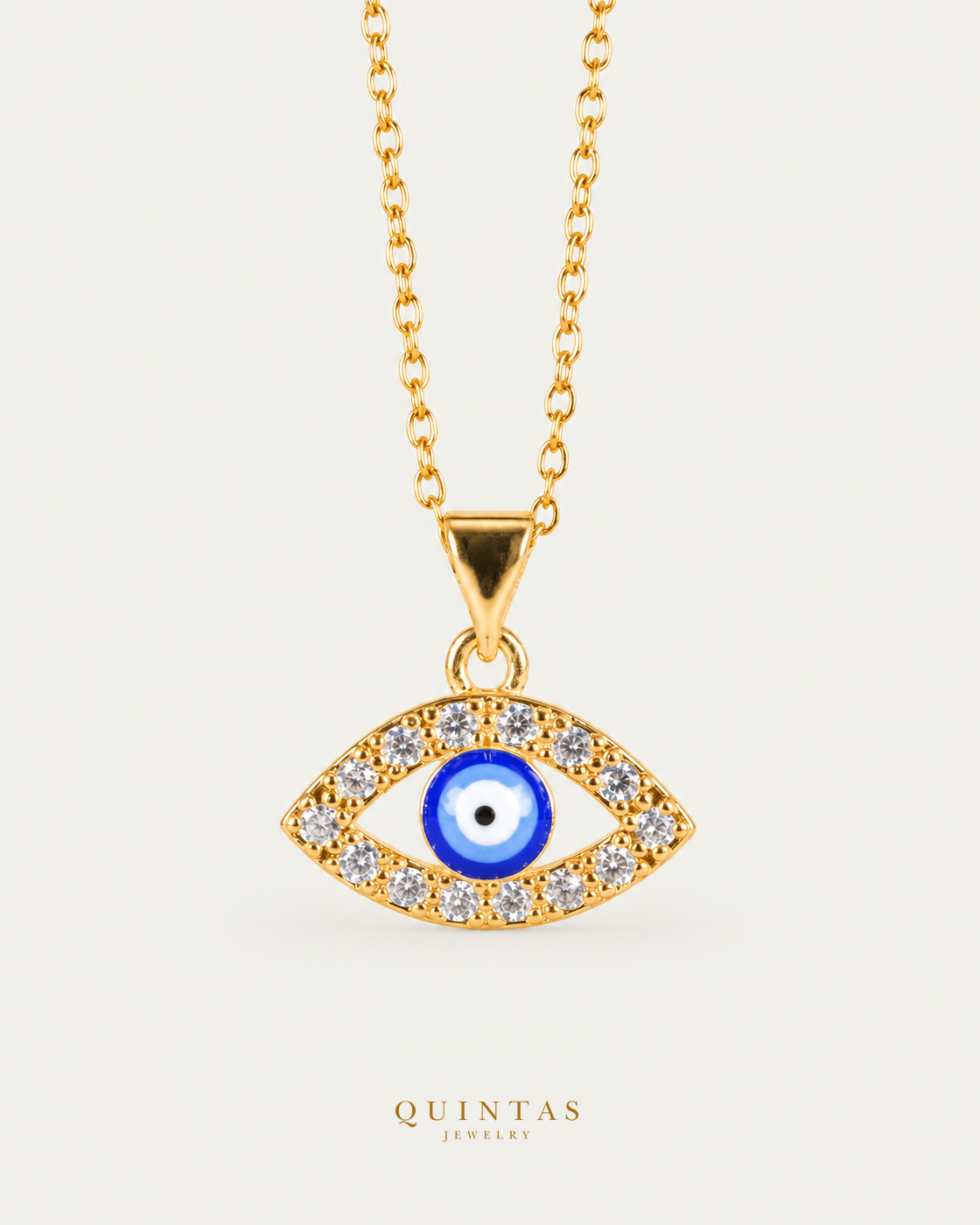 Azura Evil Eye Necklace hero with canonical Quintas Jewelry logo