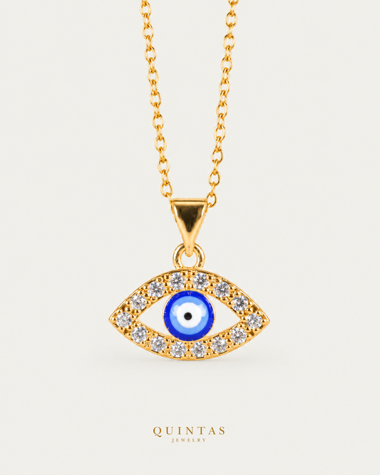 Azura Evil Eye Necklace hero with canonical Quintas Jewelry logo