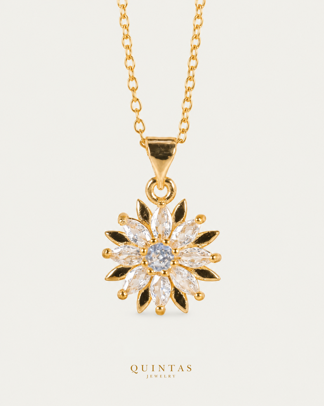 Floral Bloom Necklace, gold cable chain, front view; canonical Quintas Jewelry logo