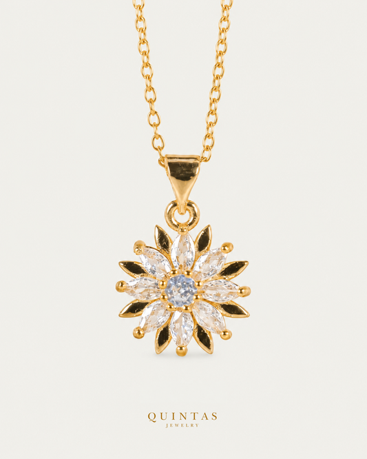 Floral Bloom Necklace, gold cable chain, front view; canonical Quintas Jewelry logo