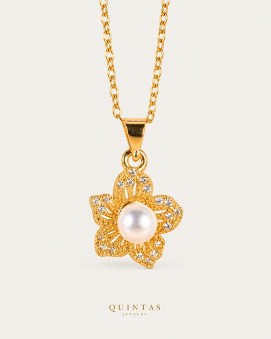 Lunara Flower Bloom Necklace hero with canonical Quintas Jewelry logo