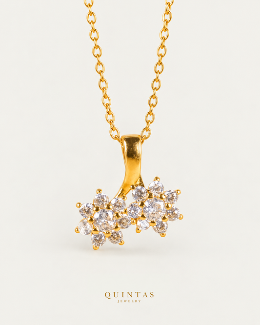 Twin Crystal Cherry Necklace, gold cable chain, front view; canonical Quintas Jewelry logo