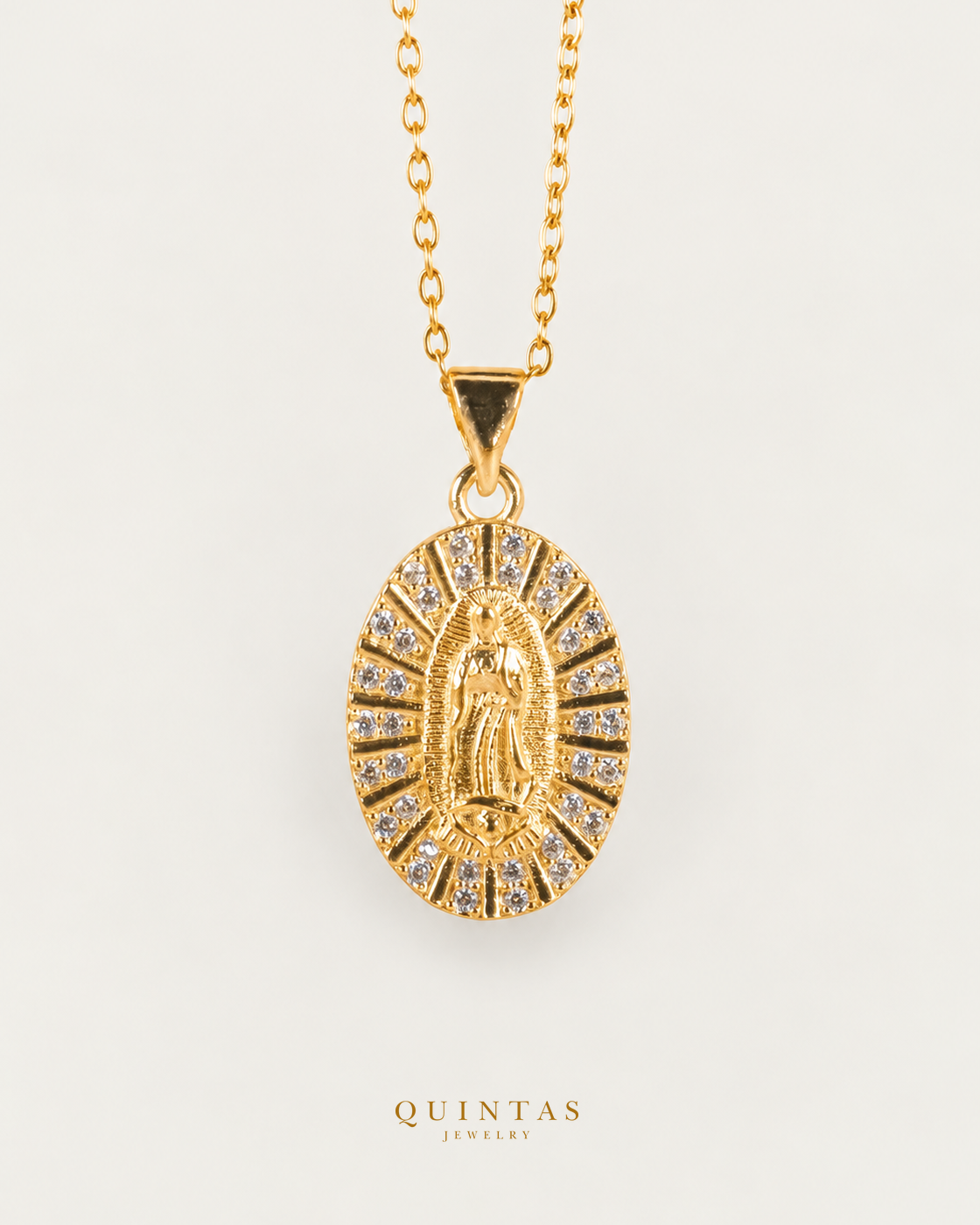 Maria Medallion Necklace main, unchanged jewelry and canonical Quintas Jewelry logo