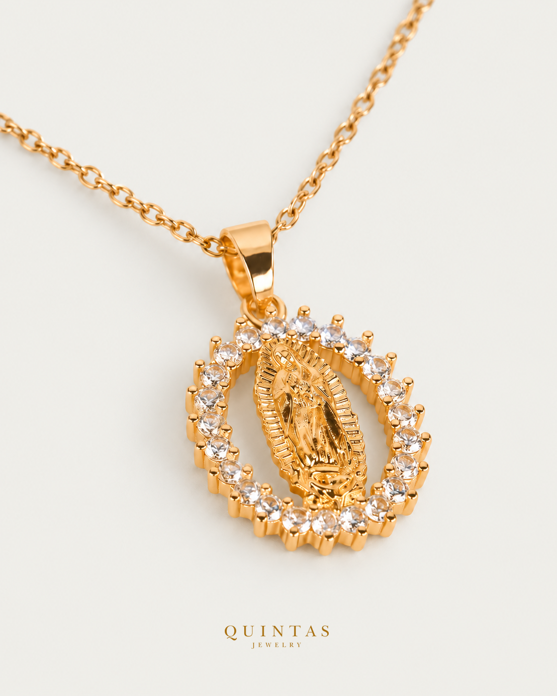Virgin Mary Halo Necklace companion, unchanged jewelry and canonical Quintas Jewelry logo