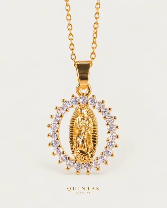 Virgin Mary Halo Necklace main, unchanged jewelry and canonical Quintas Jewelry logo