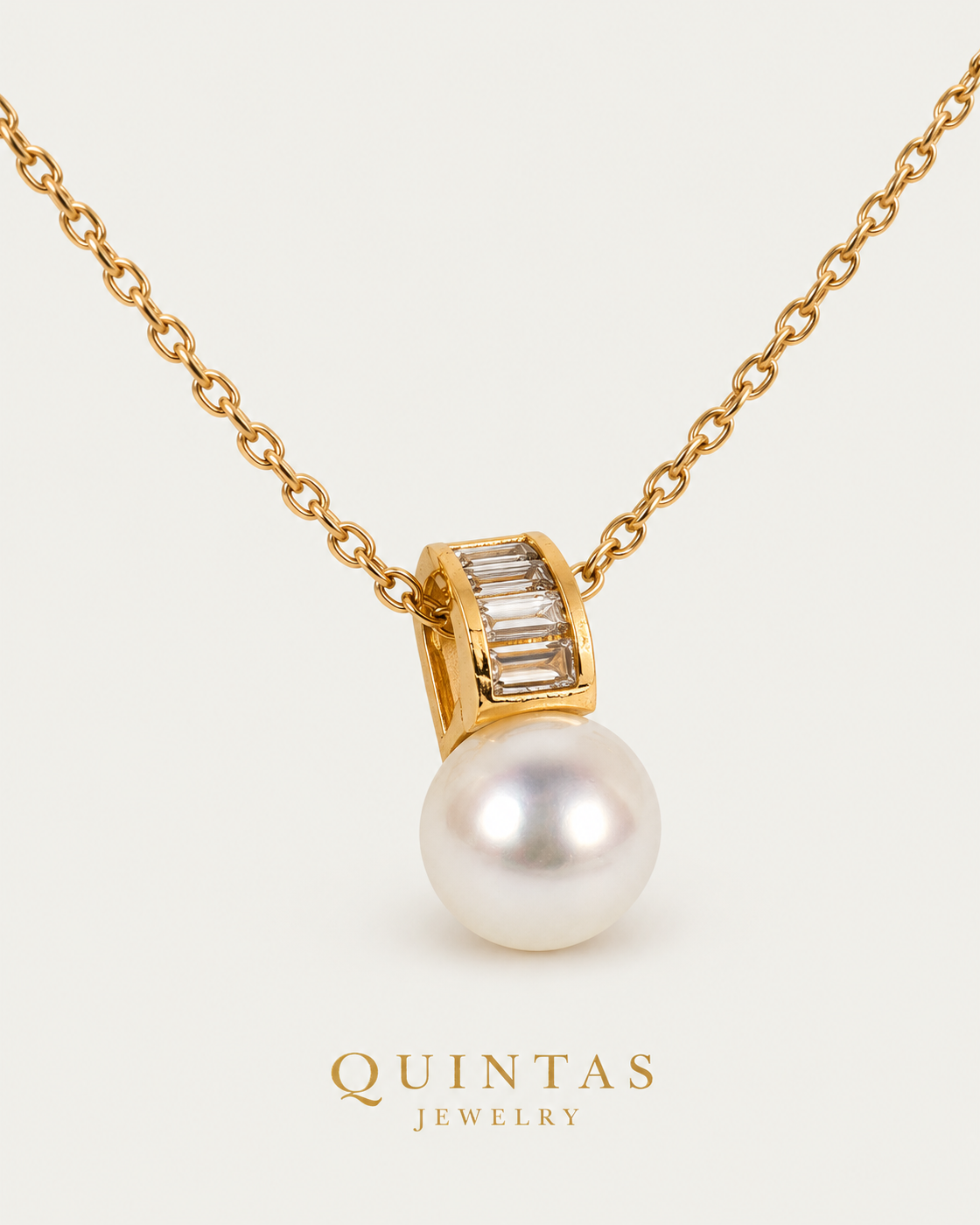 Lustra Pearl Drop Necklace cable chain companion angle on neutral greige