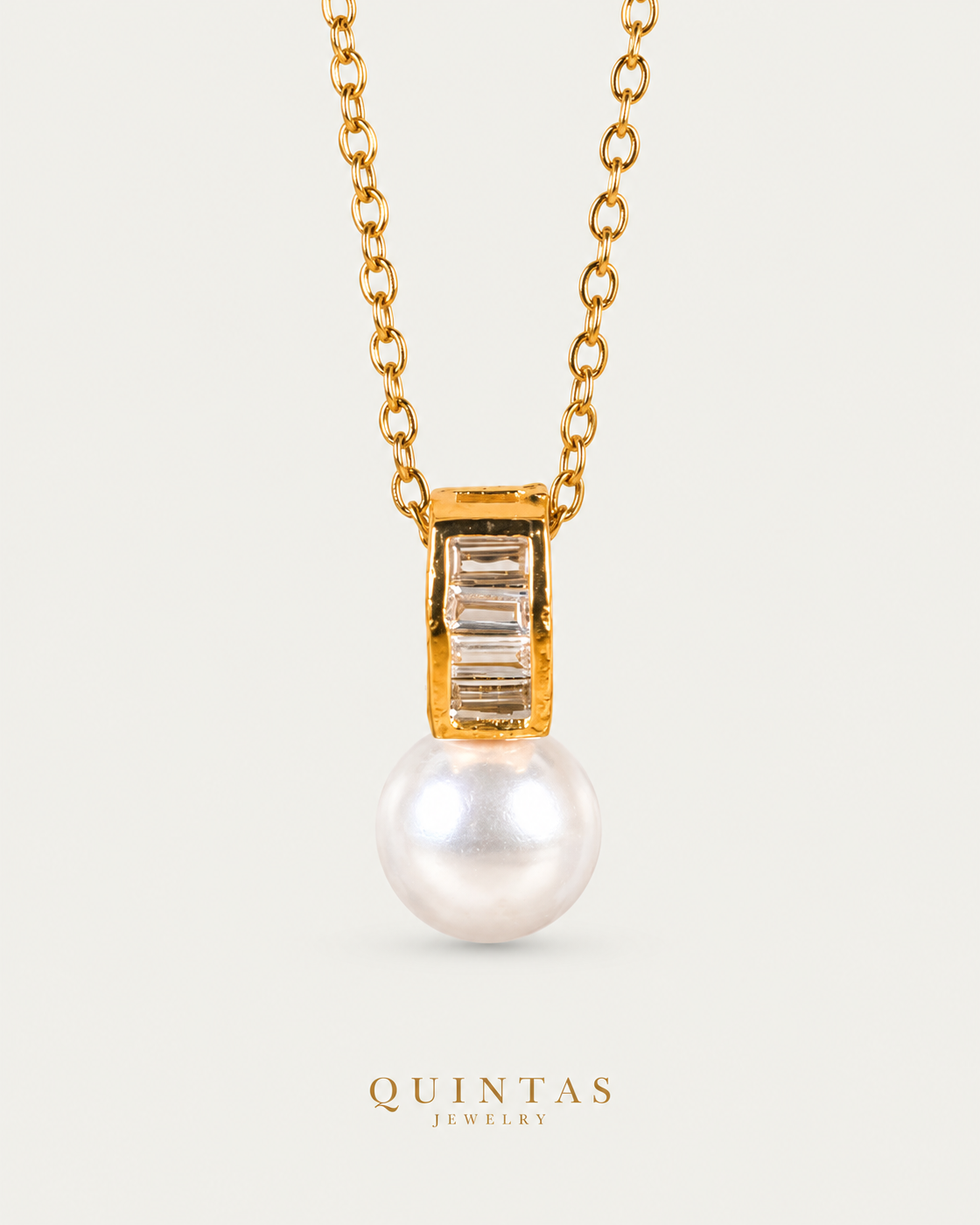Lustra Pearl Drop Necklace cable chain hero angle on neutral greige