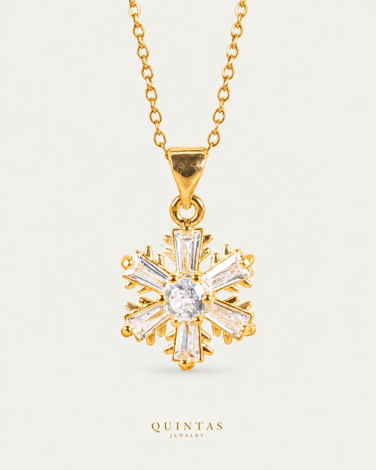 Iced Snowflake Necklace — source-verified cable front view, off-white background, canonical gold logo