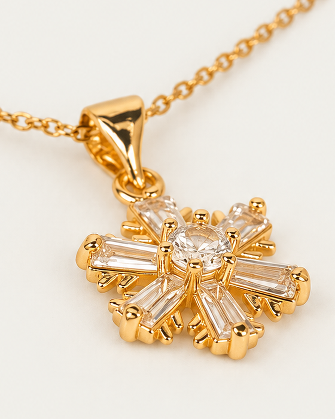 Iced Snowflake Necklace cable chain companion angle on neutral greige