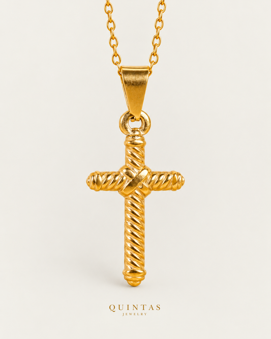 Callisto Rope Cross Necklace, gold cable chain, front view; canonical Quintas Jewelry logo
