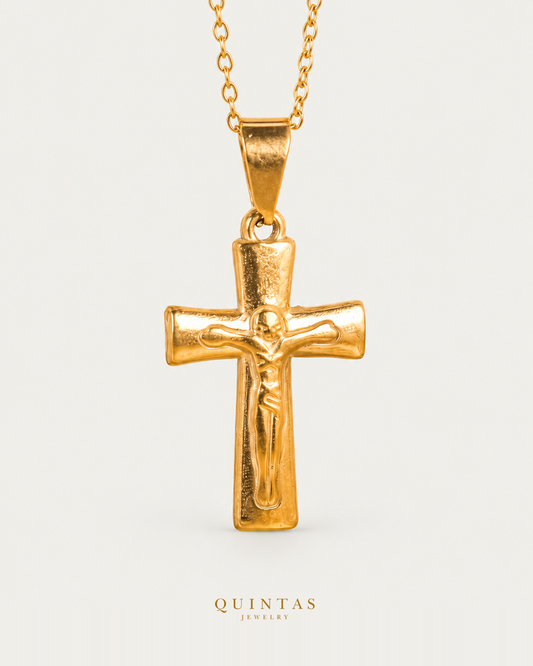 Classic Crucifix Necklace — source-verified cable front view, off-white background, canonical gold logo