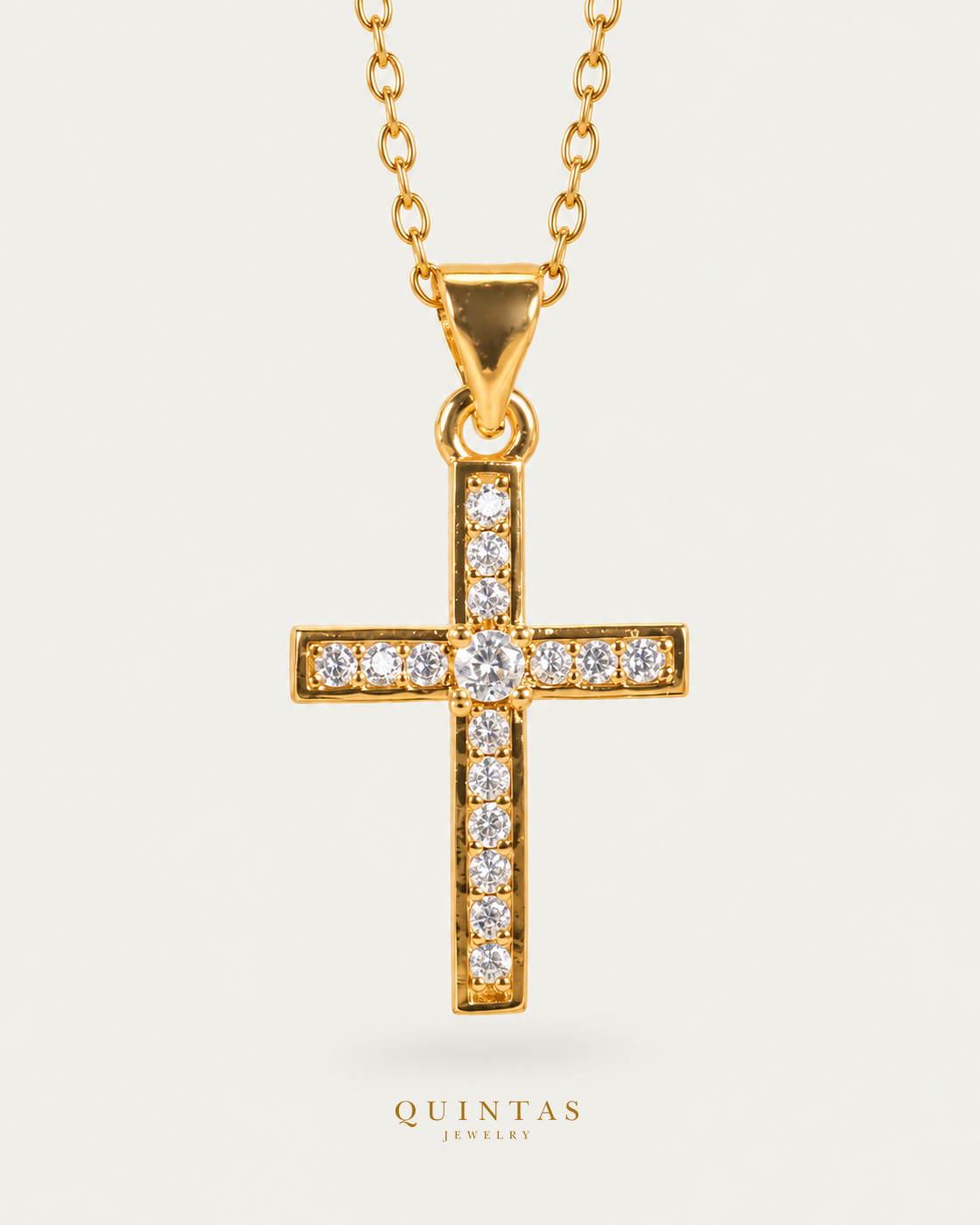 Elysian Cross Necklace, gold cable chain, front view