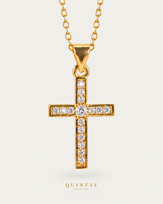 Elysian Cross Necklace, gold cable chain, front view
