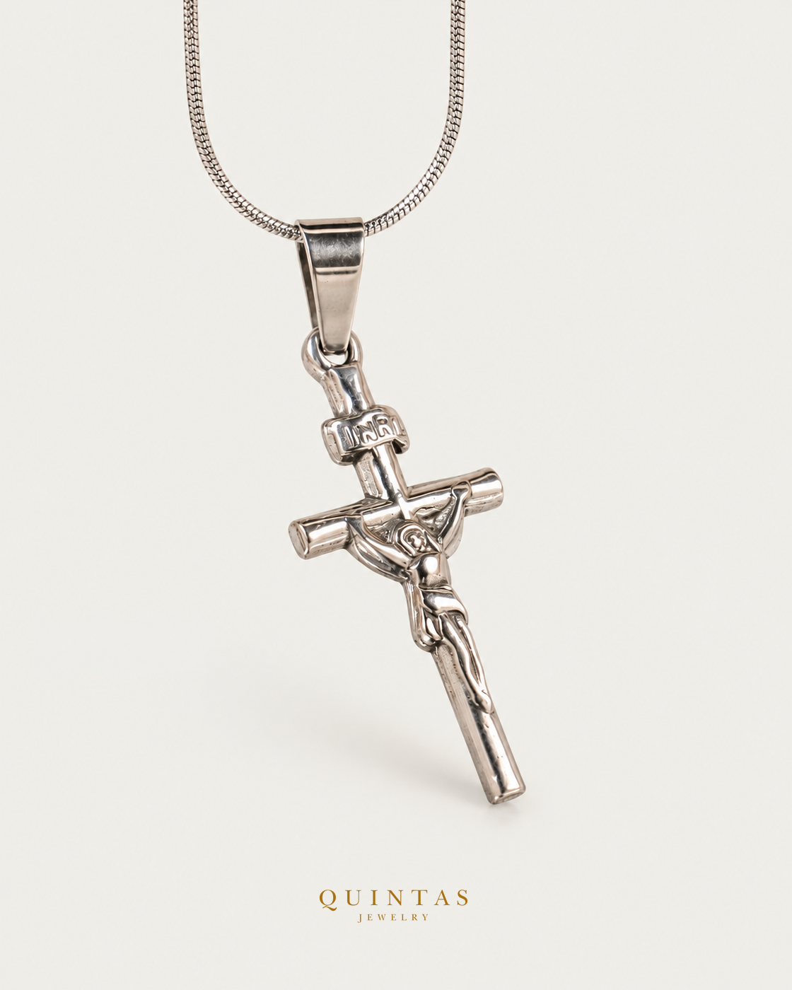 Jesus Crucifix Silver Necklace companion, unchanged jewelry and canonical Quintas Jewelry logo