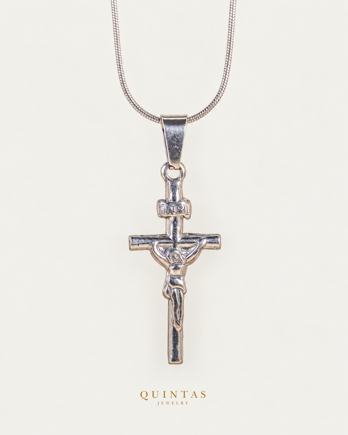 Jesus Crucifix Silver Necklace main, unchanged jewelry and canonical Quintas Jewelry logo