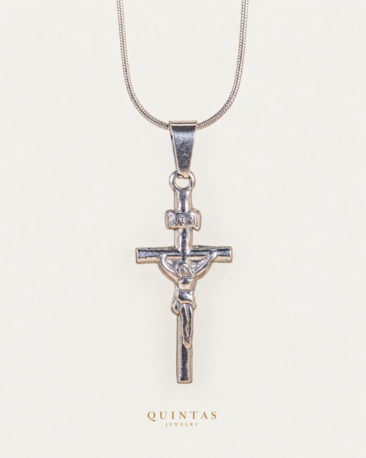 Jesus Crucifix Silver Necklace main, unchanged jewelry and canonical Quintas Jewelry logo