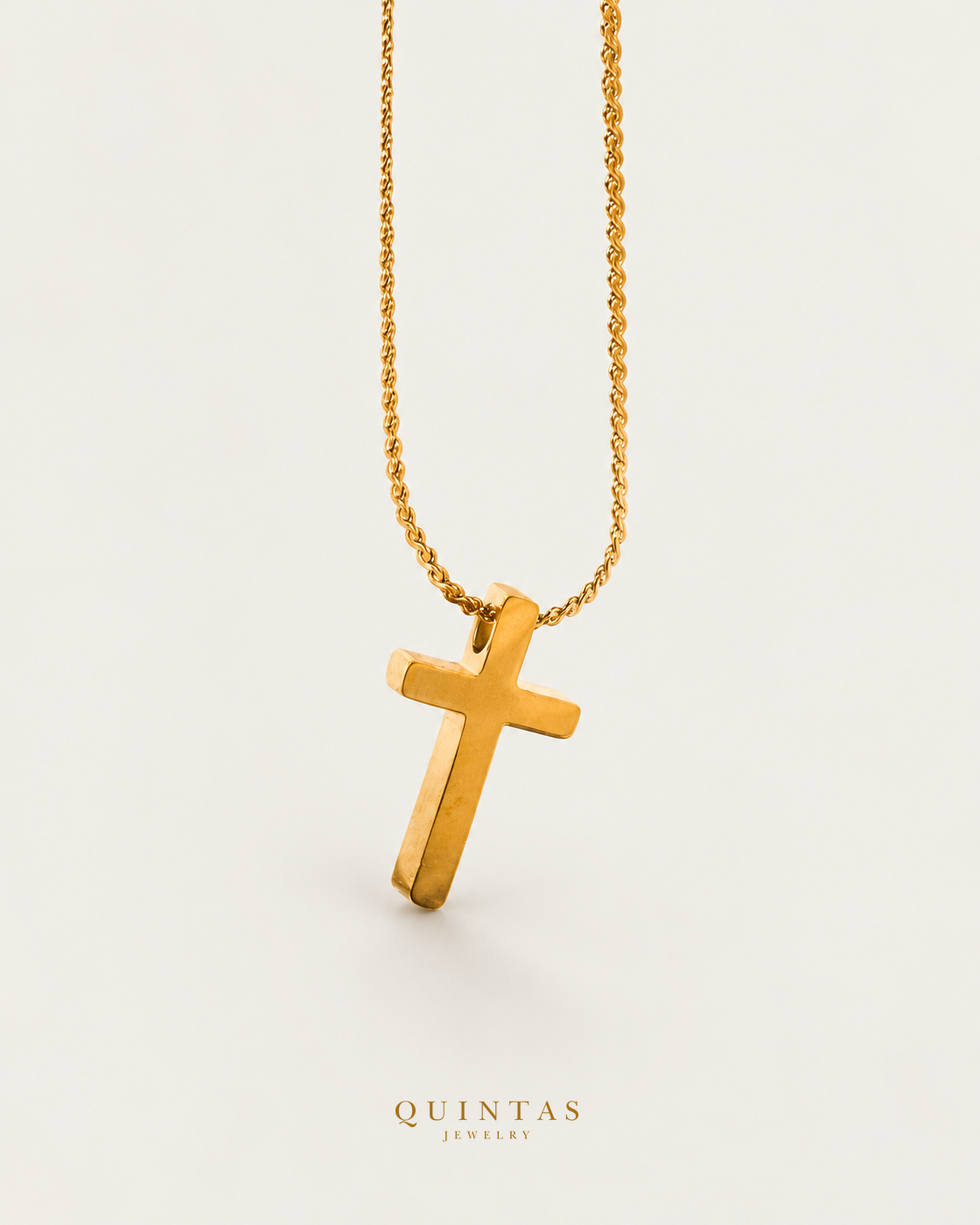 Mini Cross Necklace companion with canonical Quintas Jewelry logo