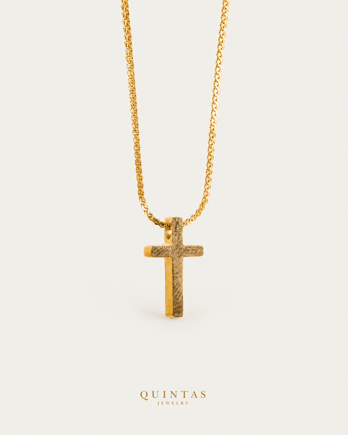 Mini Cross Necklace hero with canonical Quintas Jewelry logo