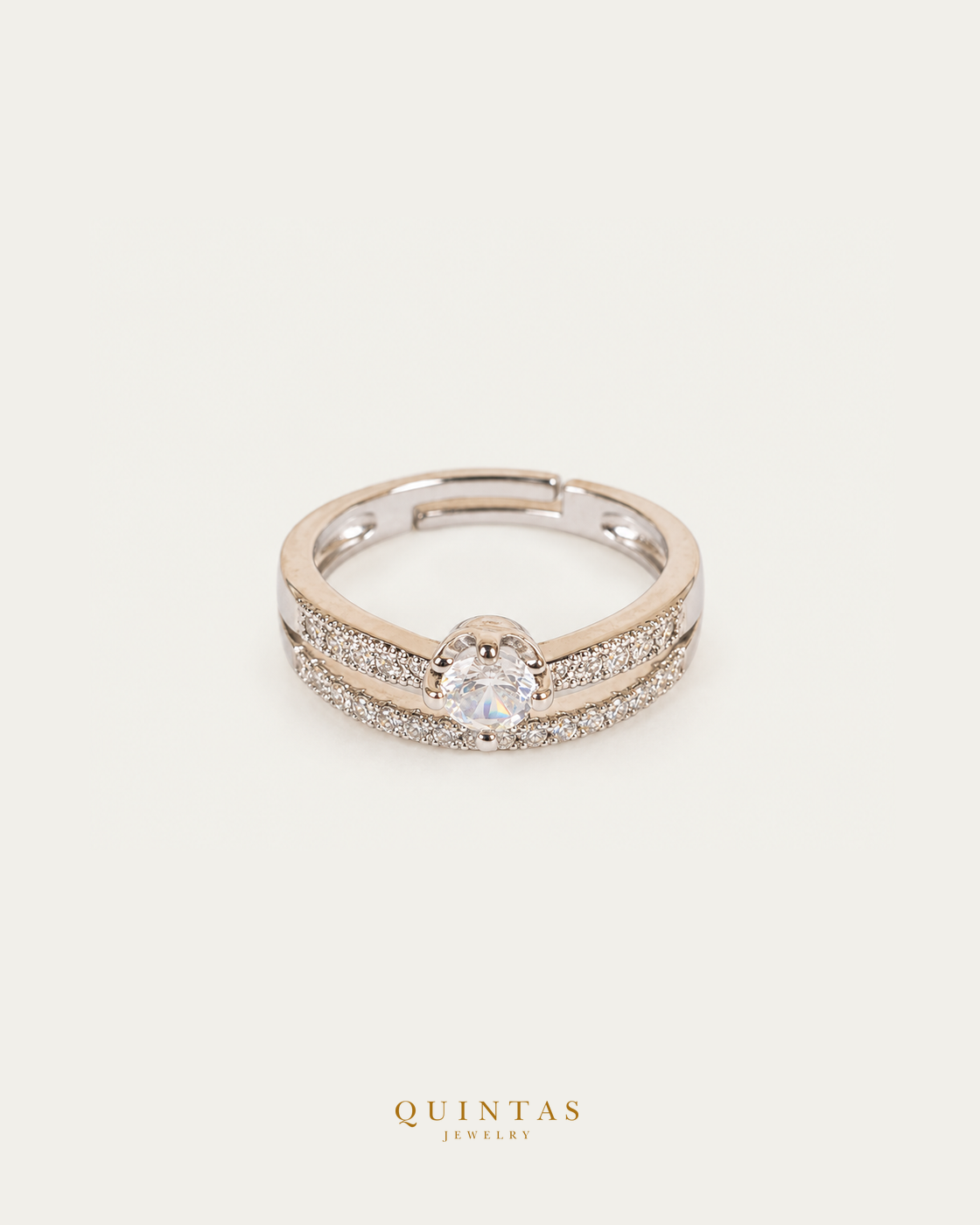 Camila Promise Diamond Silver Ring (Adjustable), smaller standalone full ring view, neutral greige, authentic Quintas Jewelry gold logo