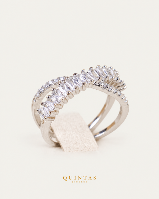 Elena Baguette Silver Infinity Ring (Adjustable), upright source-backed view