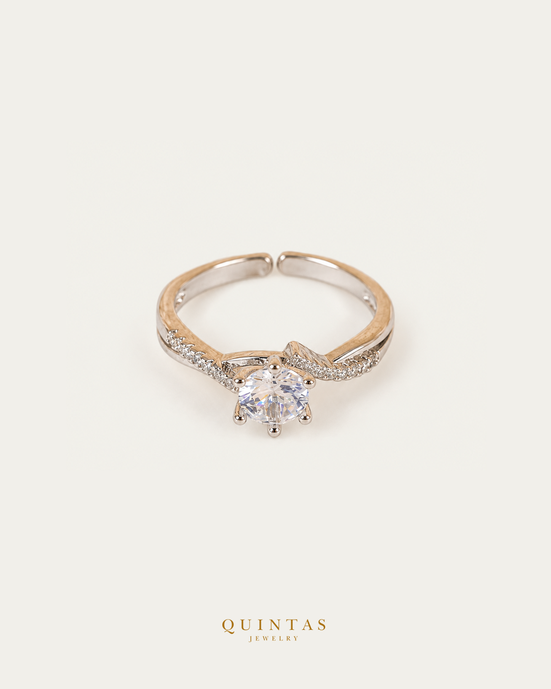 Lucia Promise Silver Ring (Adjustable), smaller standalone full ring view, neutral greige, authentic Quintas Jewelry gold logo