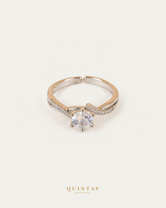 Lucia Promise Silver Ring (Adjustable), smaller standalone full ring view, neutral greige, authentic Quintas Jewelry gold logo