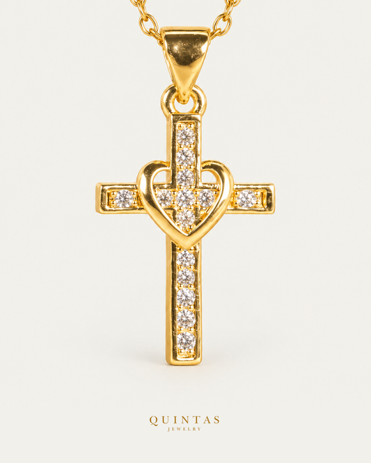 Cross Heart Necklace hero with canonical Quintas Jewelry logo