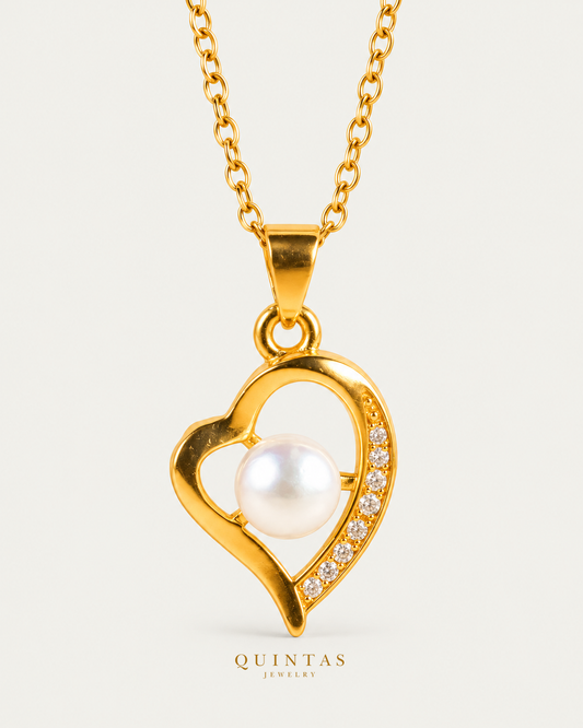 Solana Heart Pearl Necklace hero with canonical Quintas Jewelry logo