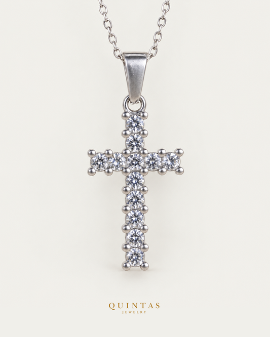 Iced Cross Silver Necklace — actual source-backed main with canonical Quintas Jewelry logo