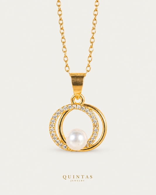 Mira Pearl Necklace hero with canonical Quintas Jewelry logo