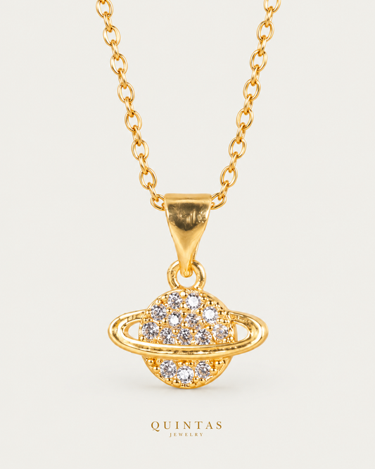 Saturn Orbit Necklace hero with canonical Quintas Jewelry logo