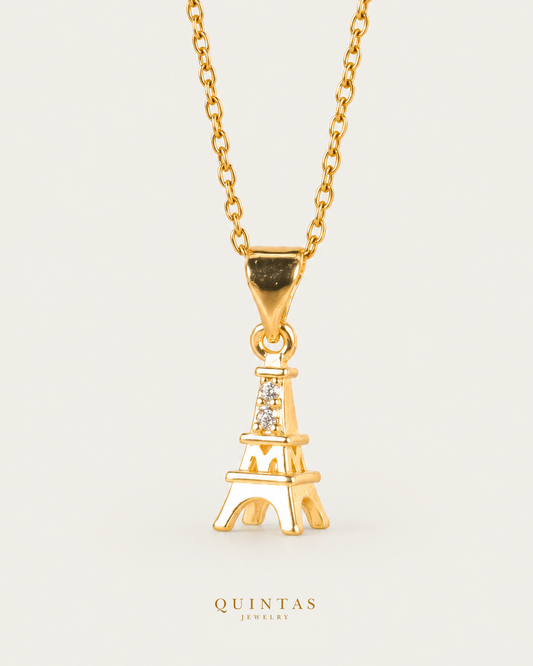Eiffel Tower Necklace, gold cable chain, front view