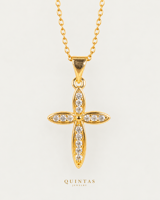 Petal Cross Necklace, gold cable chain, front view
