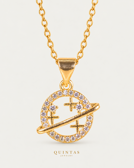 Stella Orbit Necklace — gold cable chain, hero view, canonical Quintas logo