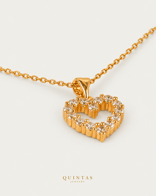 Iced Heart Necklace gold cable chain main view, canonical Quintas logo