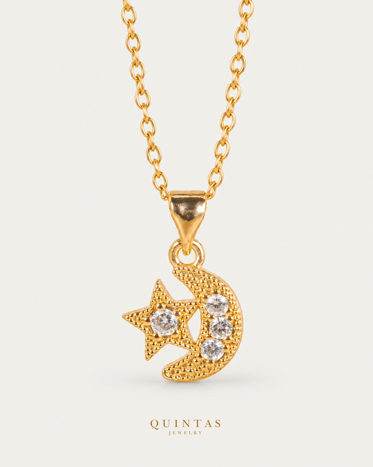 Lunara Moonstar Necklace gold cable chain main view, canonical Quintas logo