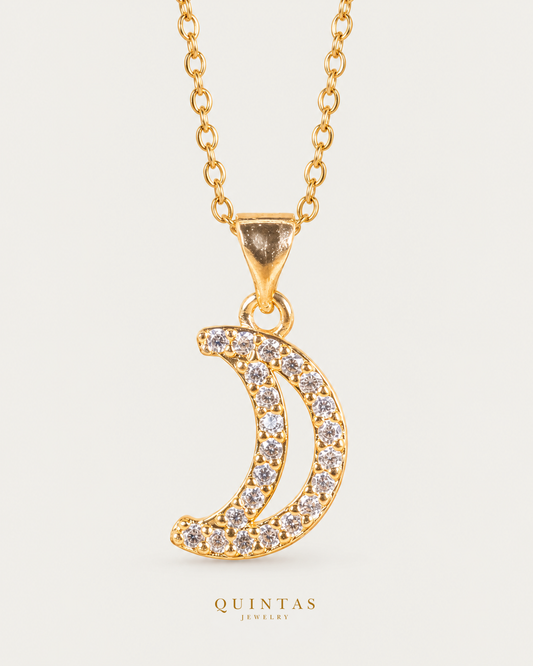 Moon Glow Necklace — gold cable chain, hero view, canonical Quintas logo
